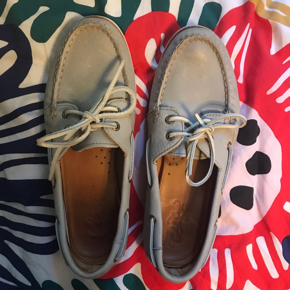 Grey Sperry gold cup loafers